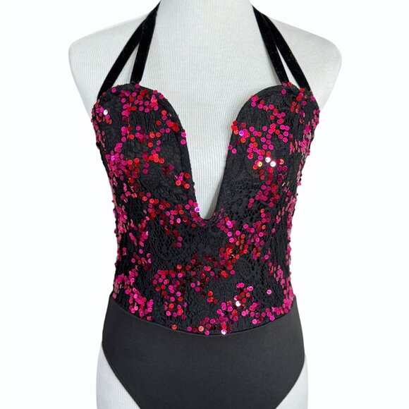h:ours Revolve Felly Sequin Bodysuit Womens Size XXS Fuschia Black Plunging - Picture 2 of 11